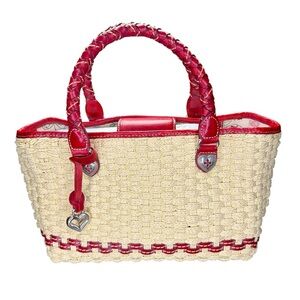 BRIGHTON Designer Straw Bag Leather Braided Handles Pockets key clip